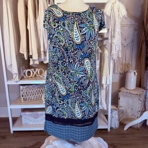 Liz Claiborne Plus sz. 2X blue paisley dress green teal, summer office #4089